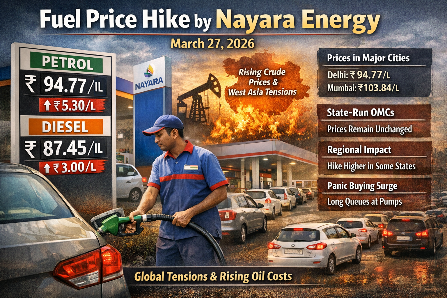 Petrol & Diesel Prices Today (March 27, 2026): Nayara Energy Hikes Fuel Rates Across India